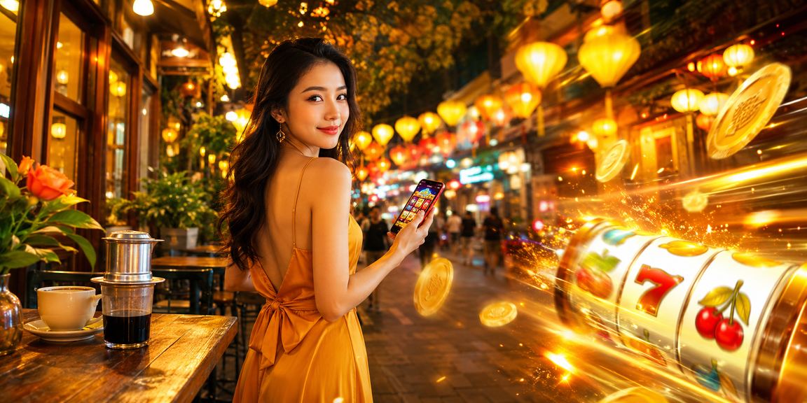 Người dùng Hà Nội chơi slot game và xem khuyến mãi trong quán cà phê buổi sáng