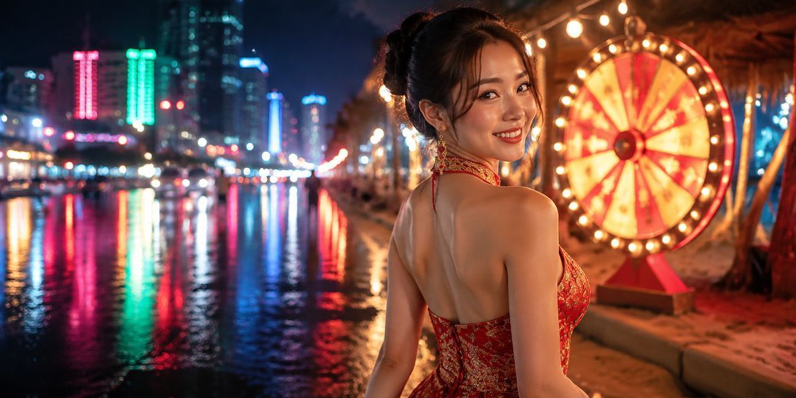 Màn hình quay số may mắn neon tại khu vui chơi Hồ Chí Minh về đêm